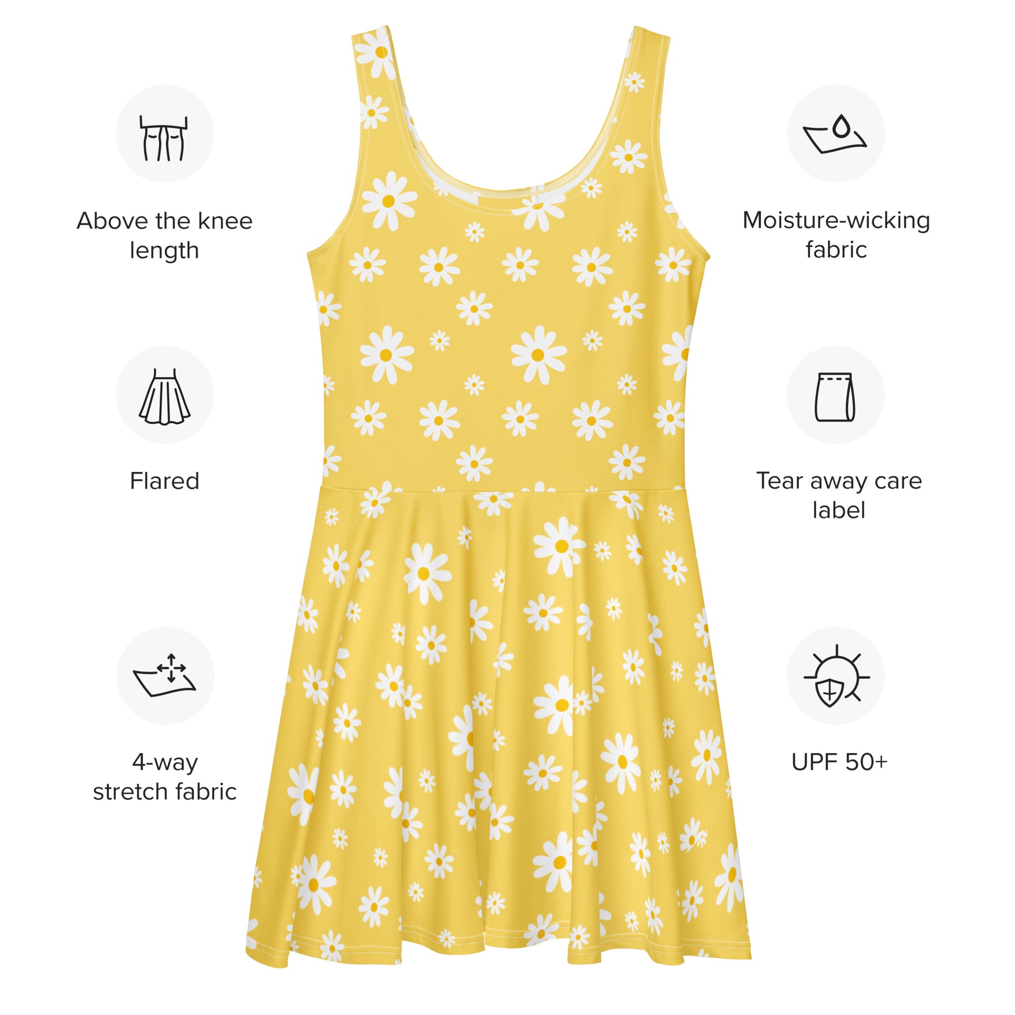 Women’s yellow sleeveless flared skater dress with white daisy print 4-way stretch moisture-wicking fabric upf 50+