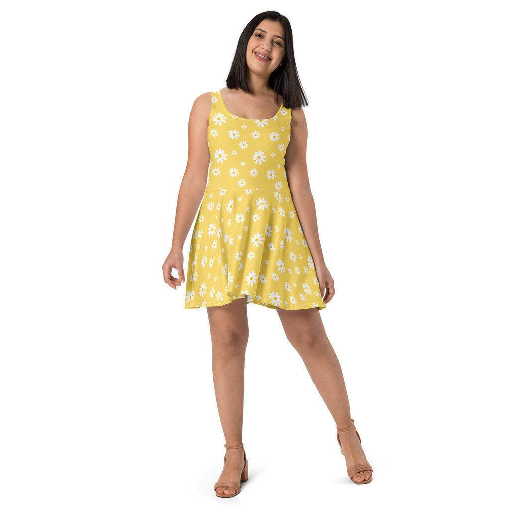 Women’s yellow sleeveless skater dress with white daisies buttery soft fabric and upf 50 plus sun protection