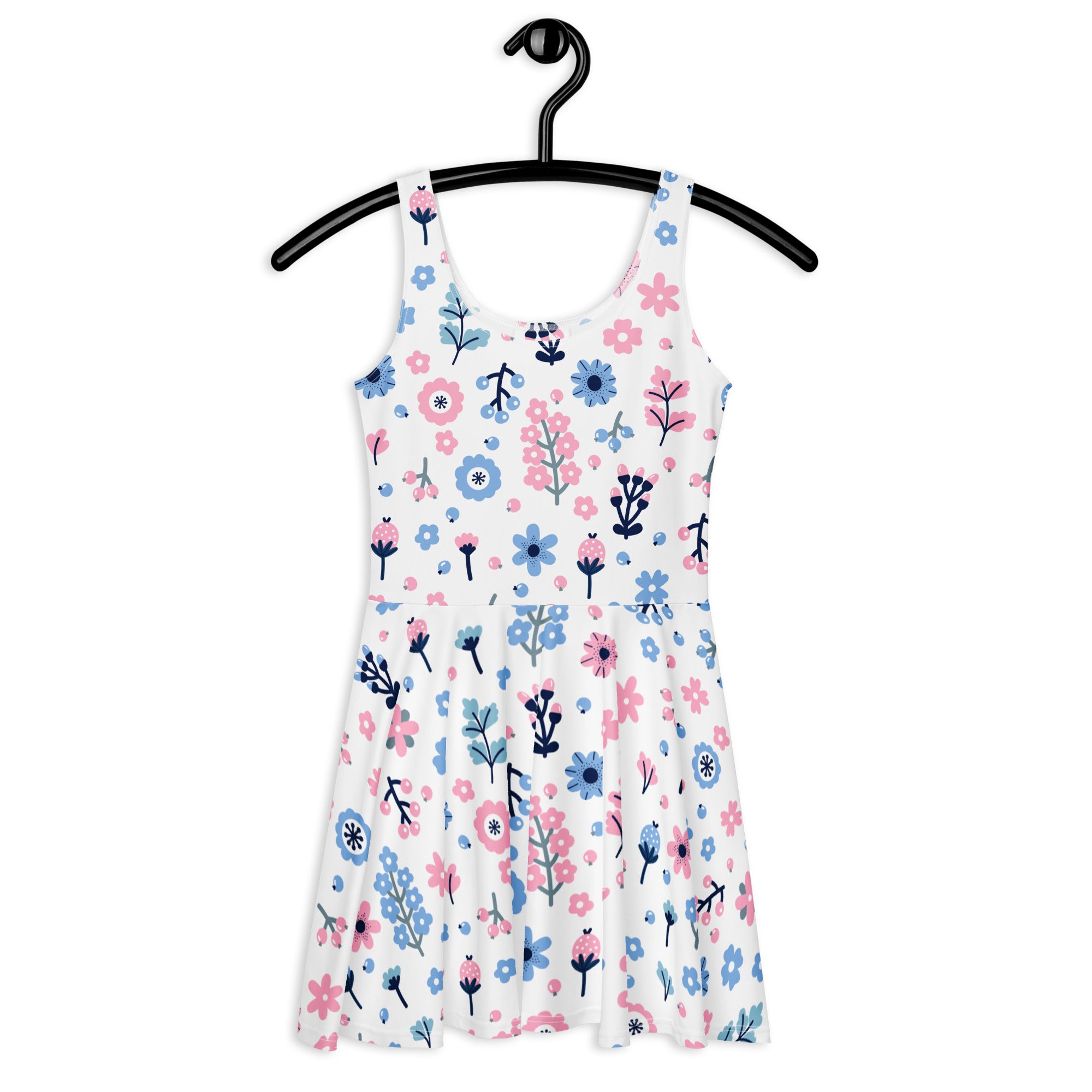 White sleeveless buttery soft skater dress with pink and blue floral pattern and upf 50 plus for women