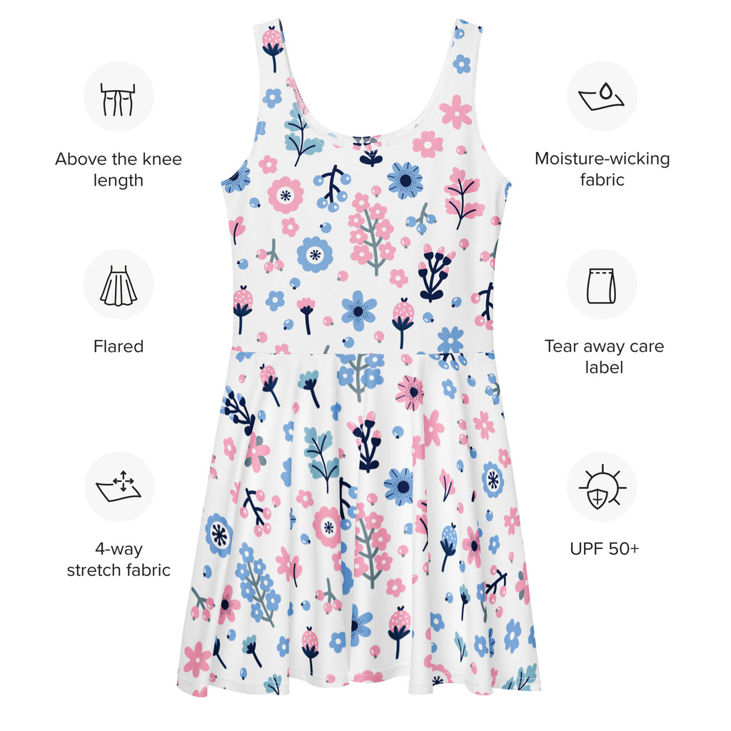 White sleeveless flared dress with pink and blue floral pattern made from moisture-wicking 4-way stretch fabric