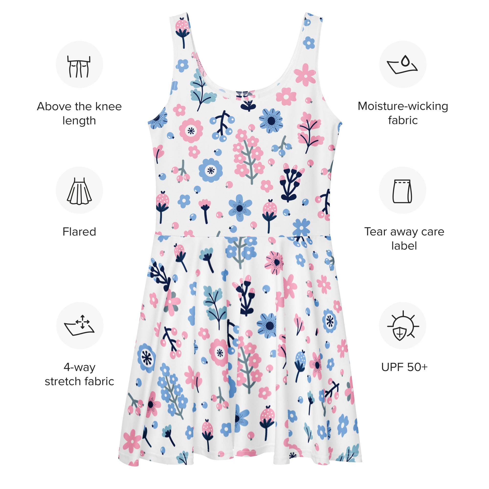 White sleeveless flared dress with pink and blue floral pattern made from moisture-wicking 4-way stretch fabric