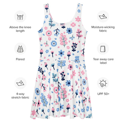 Women's Floral Purple And Blue Flowers Buttery Soft Skater Dress With UPF 50+