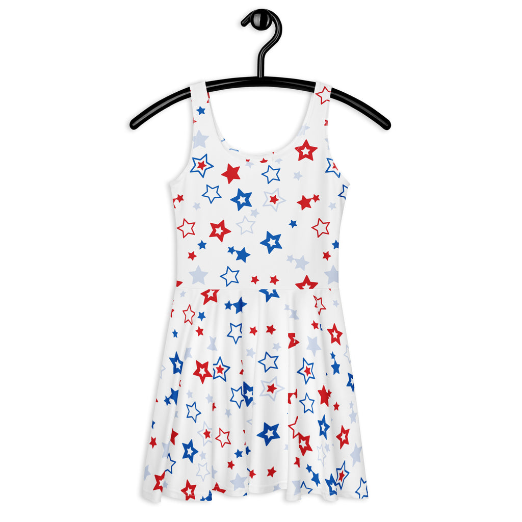 Women’s white sleeveless skater dress with red blue and gray stars buttery soft fabric and upf 50+ protection