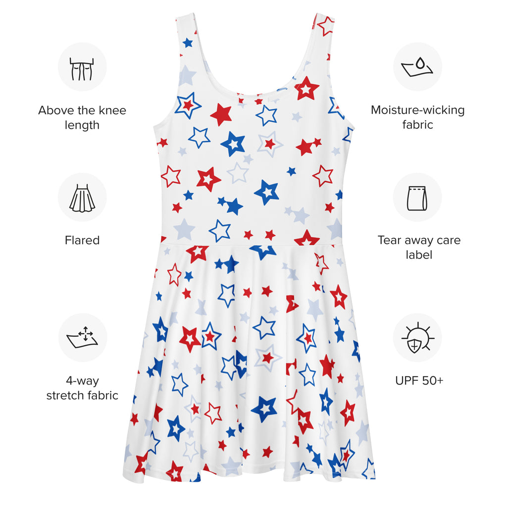 White sleeveless flared skater dress with red blue and gray star pattern buttery soft fabric and upf 50+ protection