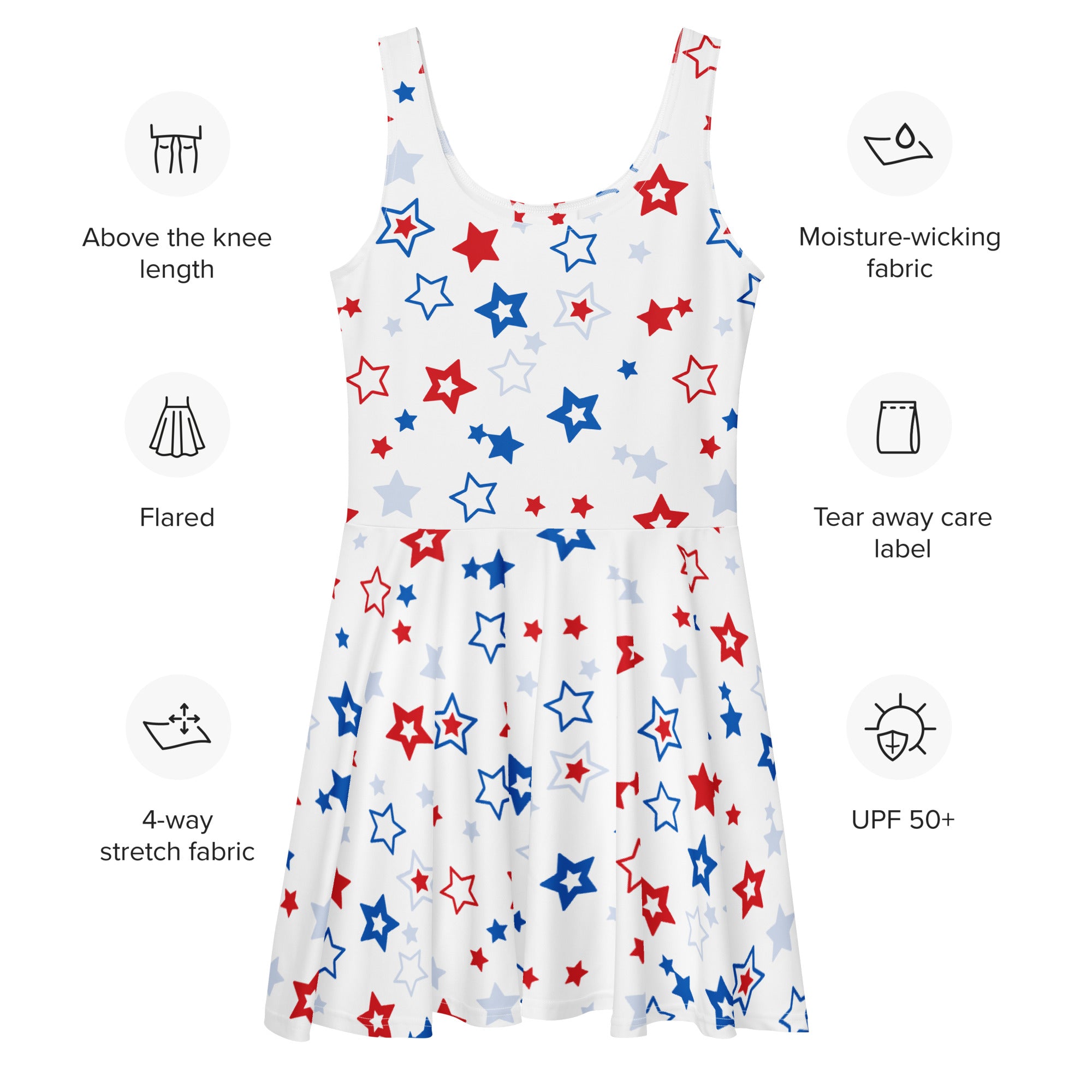 White sleeveless flared skater dress with red blue and gray star pattern buttery soft fabric and upf 50+ protection