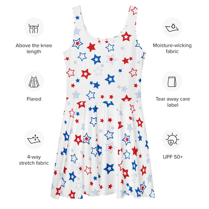 Women's Red White & Blue Stars Buttery Soft Skater Dress With UPF 50+