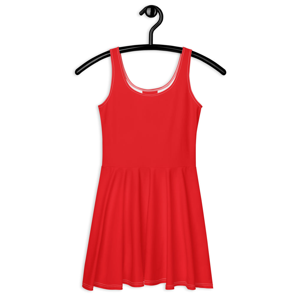 Women’s vibrant red buttery soft sleeveless skater dress with scoop neckline white trim and upf 50 plus protection
