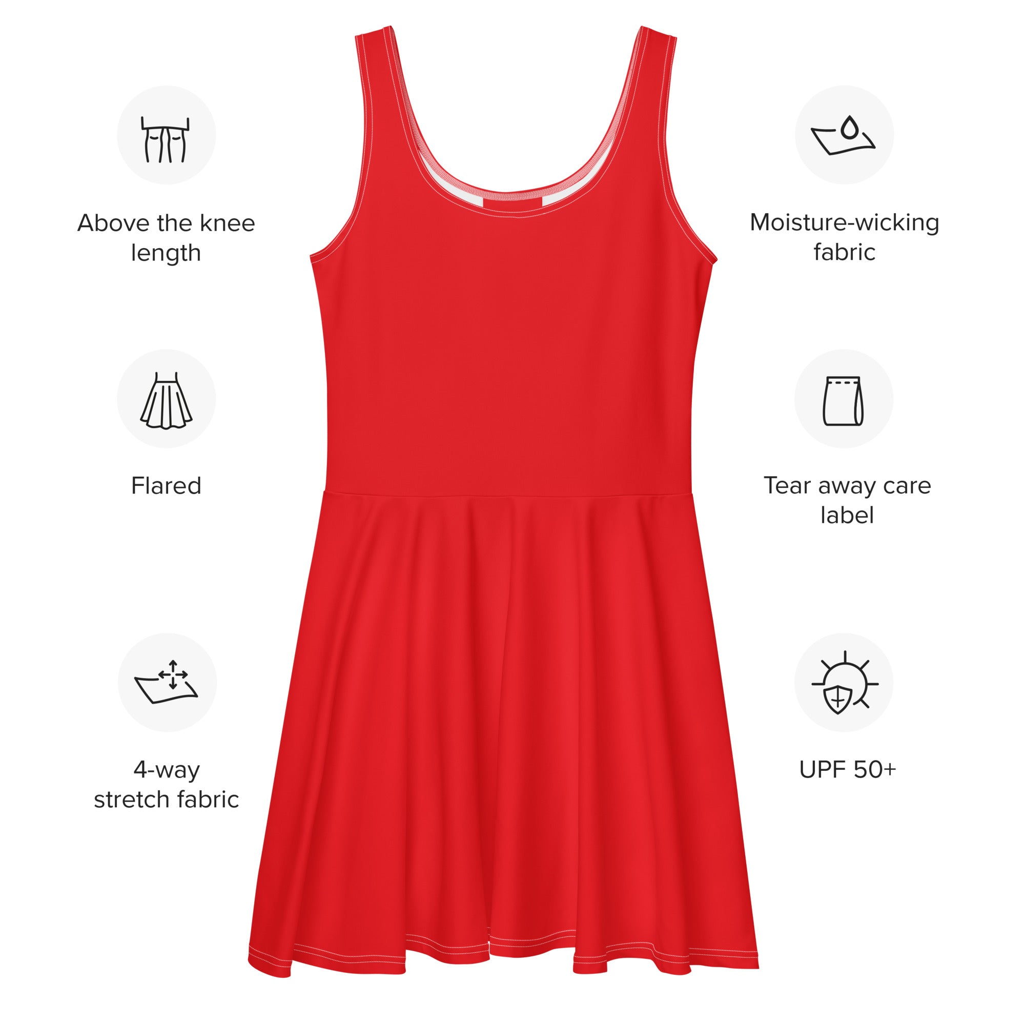 A vibrant red sleeveless skater dress with moisture-wicking 4-way stretch fabric and UPF 50 plus sun protection