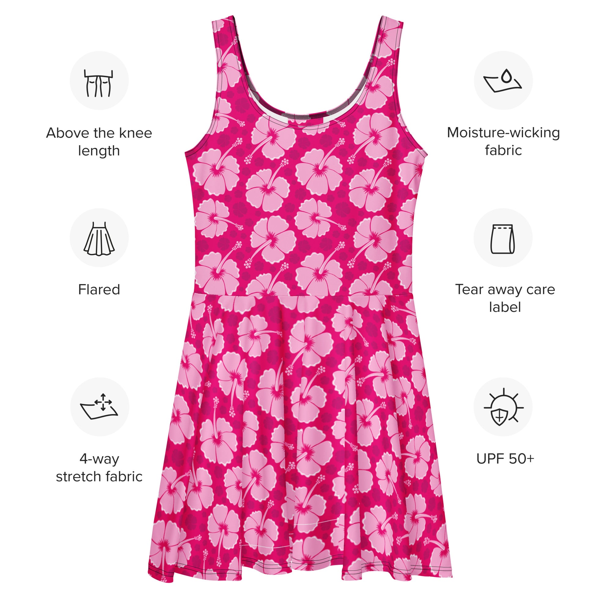 A vibrant pink sleeveless tropical hibiscus skater dress with buttery soft fabric and UPF 50 plus protection