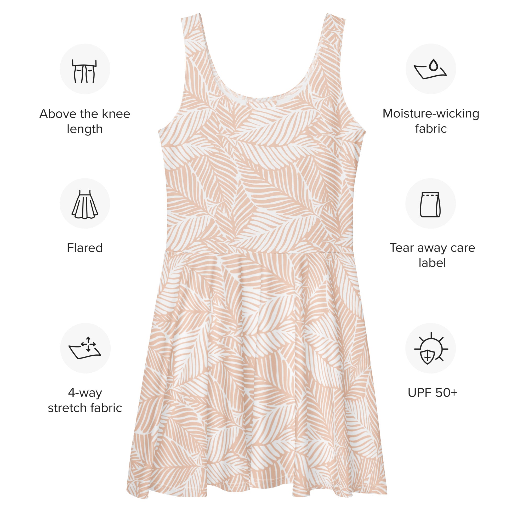 A soft blush-colored sleeveless skater dress with delicate leaf print made from buttery soft fabric and UPF 50 plus protection