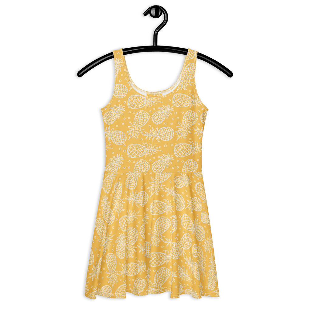 Women’s yellow pineapple-print buttery soft skater dress with UPF 50 plus flared skirt and scoop neckline