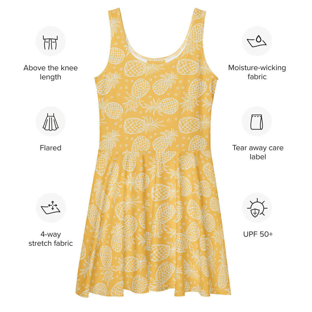 Women yellow pineapple print flared tank dress made of moisture-wicking 4-way stretch fabric with UPF 50 plus