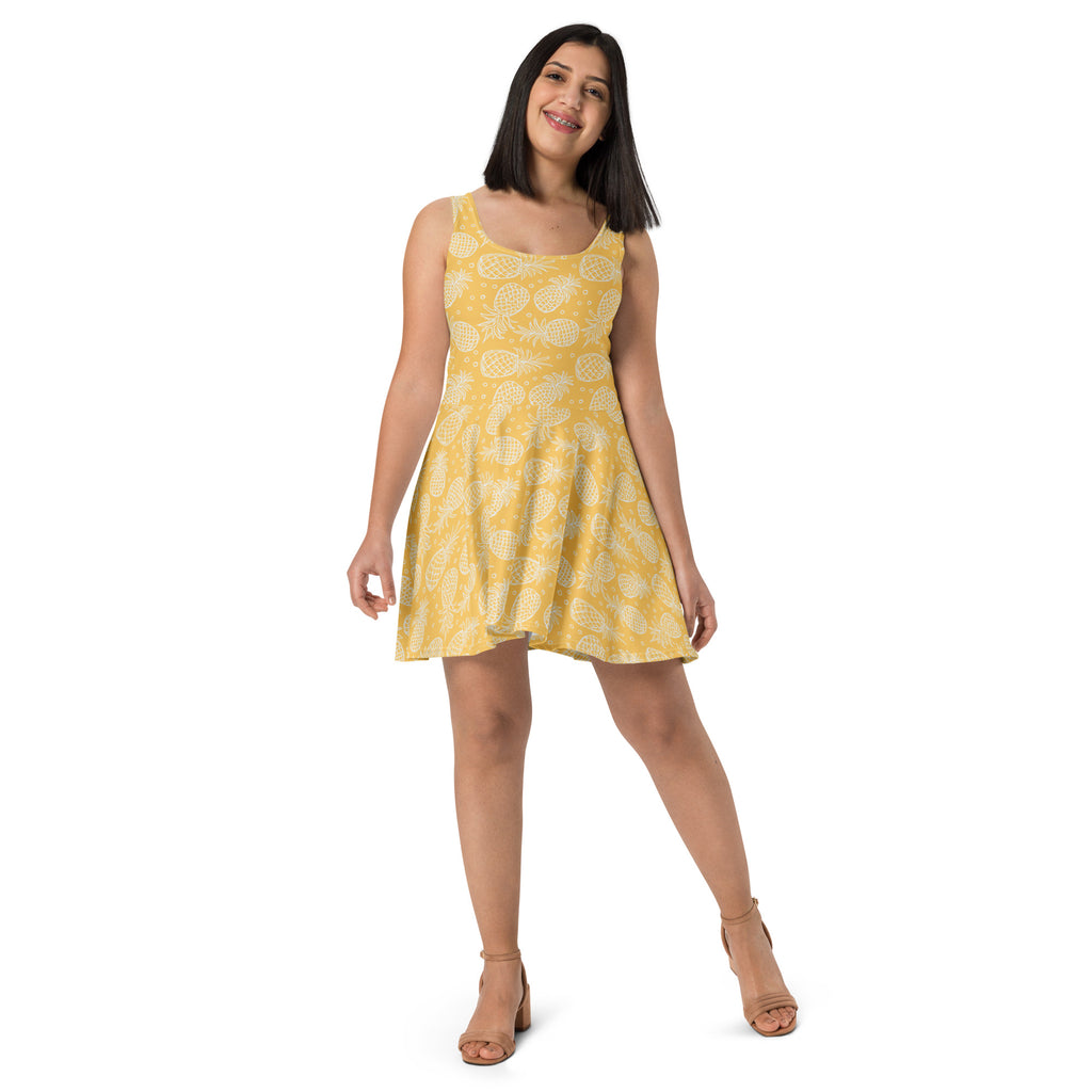 Women’s yellow pineapple print sleeveless buttery soft skater dress with UPF 50 plus and a flared skirt