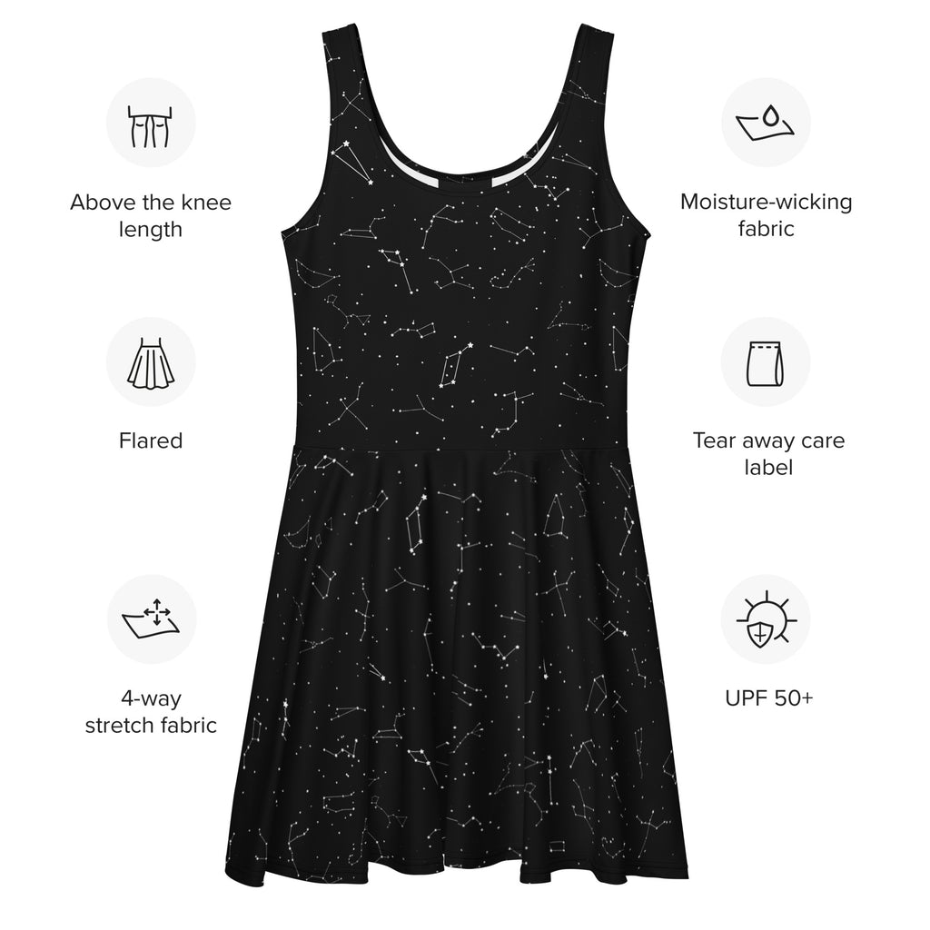 Black star map print flared tank dress in moisture-wicking 4-way stretch fabric with UPF 50 plus for women