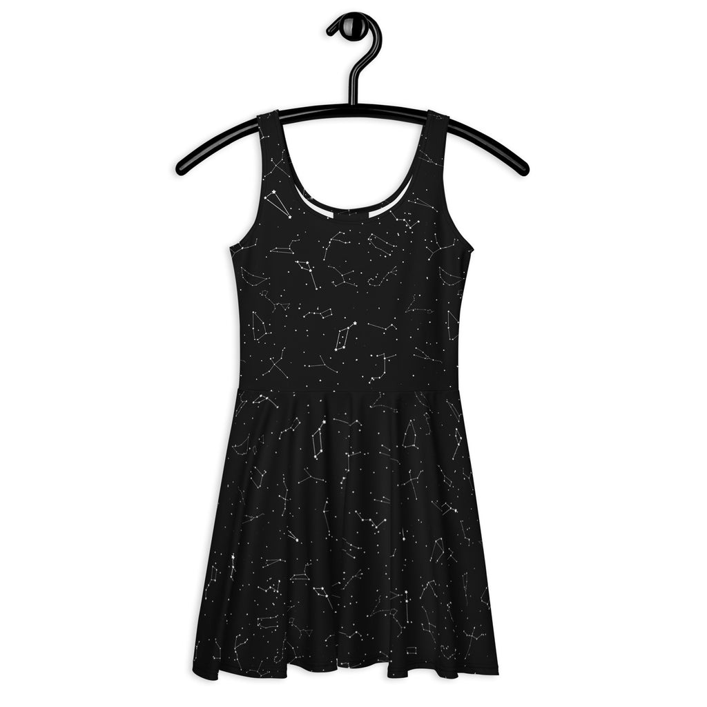 Women’s black sleeveless skater dress with white celestial constellation print buttery soft fabric and upf 50+ protection