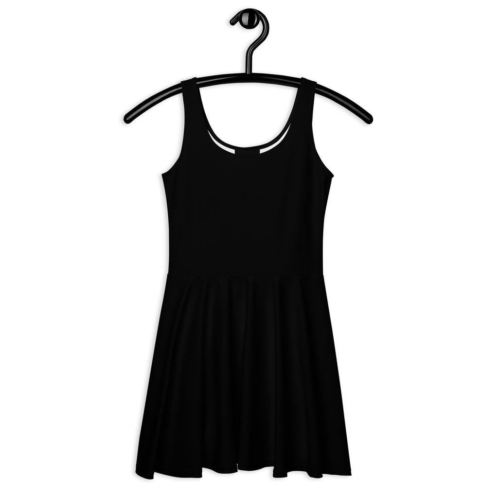 Black buttery soft skater dress for women with sleeveless scoop neckline flared skirt and upf 50 plus protection hanging on black hanger