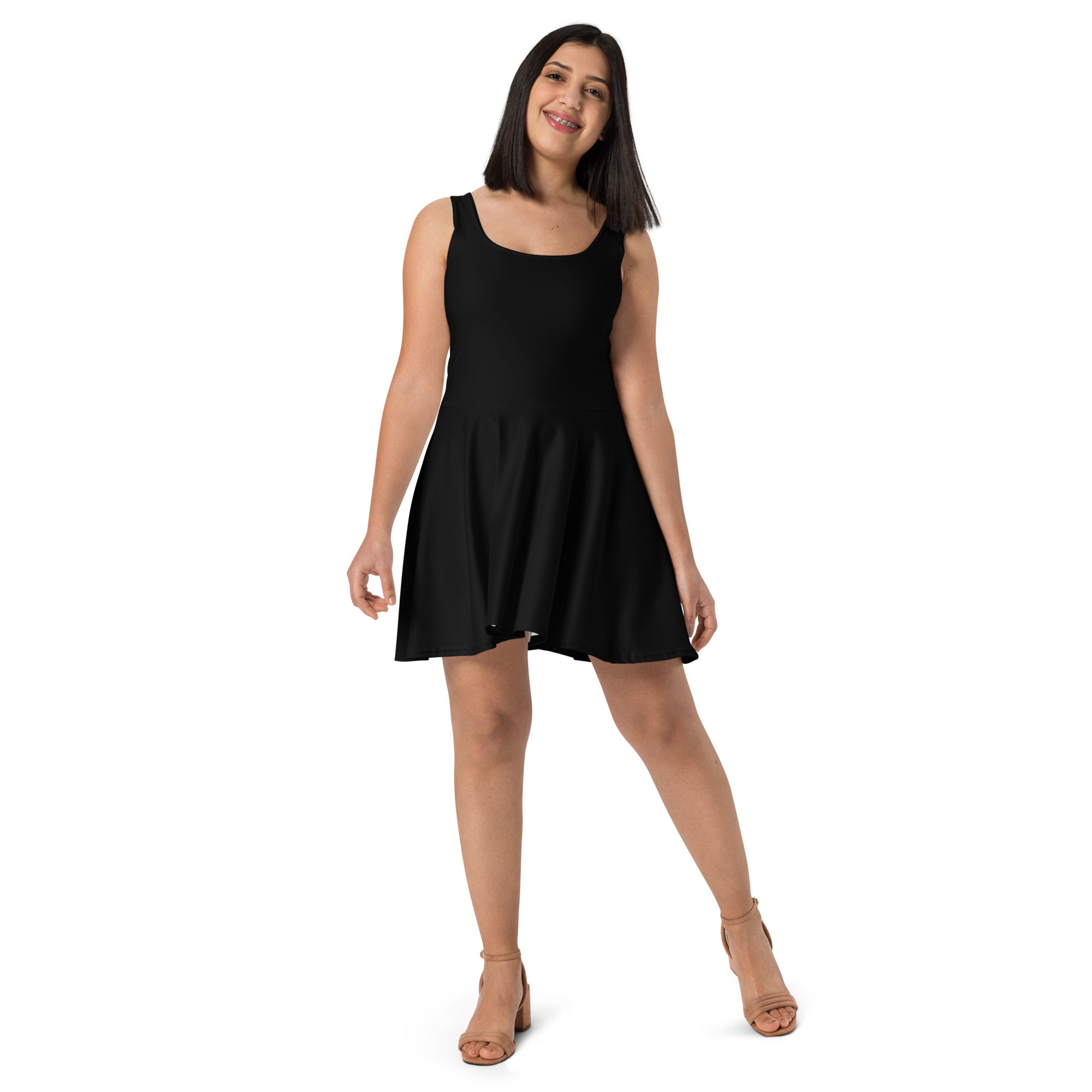 Women’s black buttery soft sleeveless a-line skater dress with square neckline and upf 50 plus protection