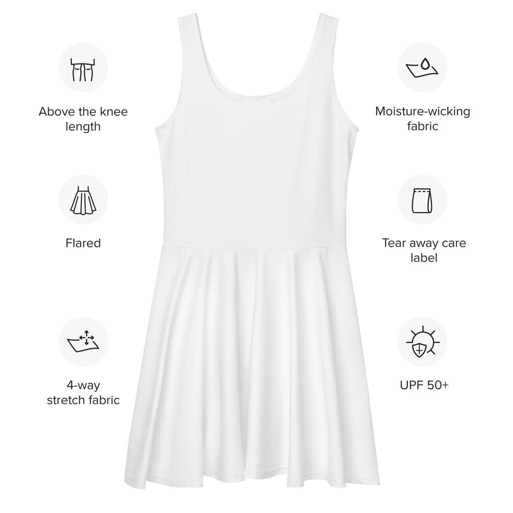 White flared sleeveless skater dress made of buttery soft moisture-wicking fabric with upf 50 plus protection