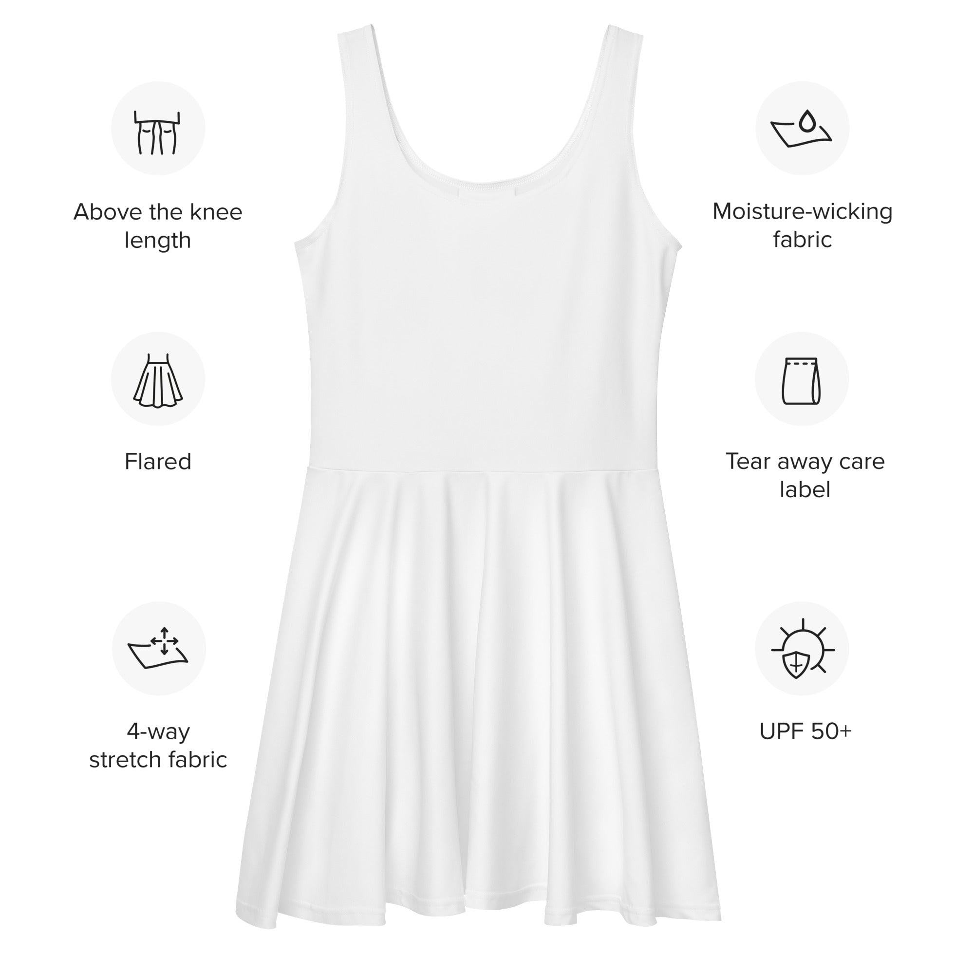 White flared sleeveless skater dress made of buttery soft moisture-wicking fabric with upf 50 plus protection