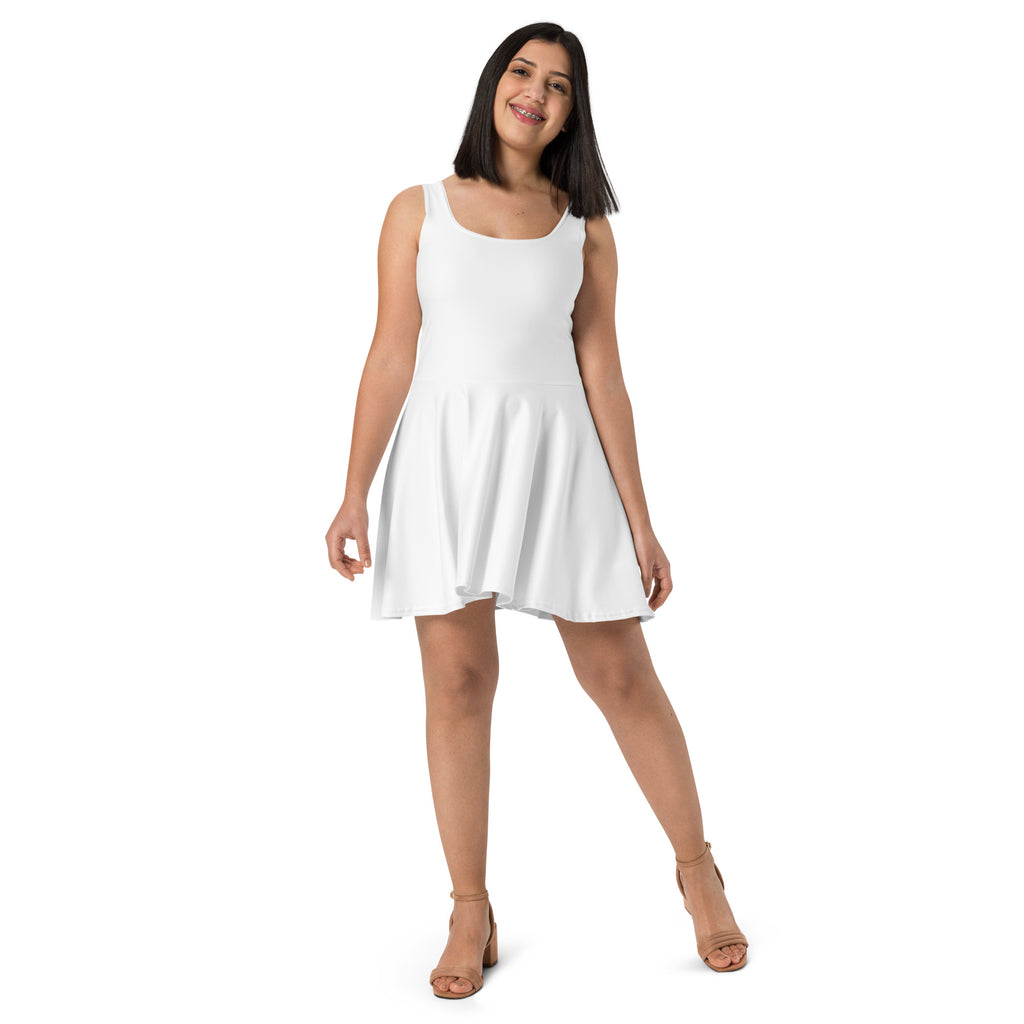 White sleeveless flared skater dress with square neckline made of buttery soft fabric with upf 50 plus protection