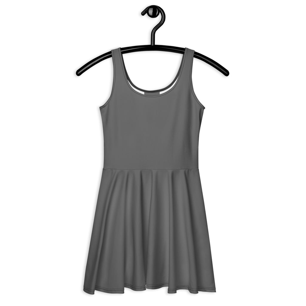 A sleek solid gray sleeveless buttery soft skater dress with a fitted bodice flared skirt and UPF 50 plus protection