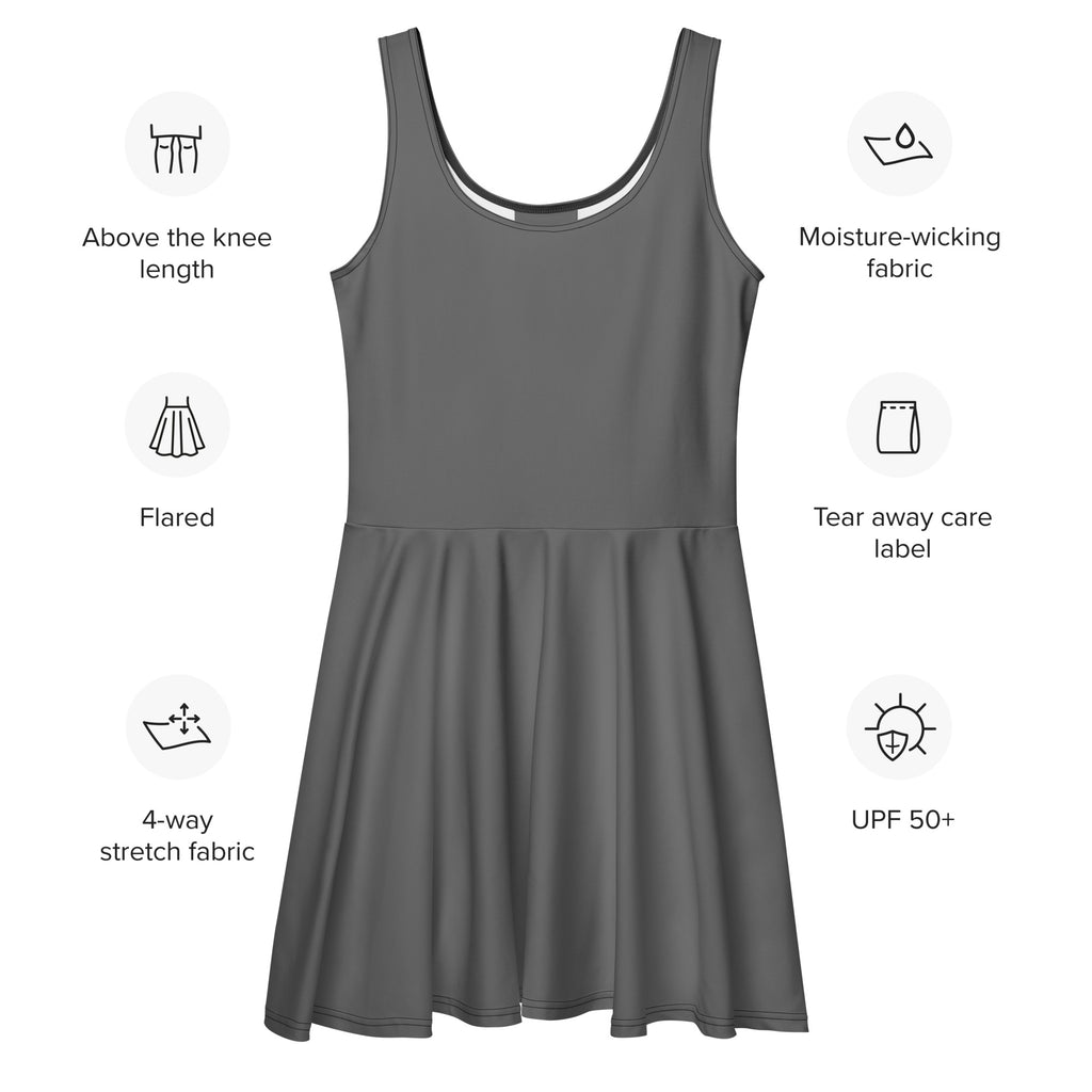 Women’s grey buttery soft sleeveless skater dress with UPF 50+ featuring a flared skirt above the knee length