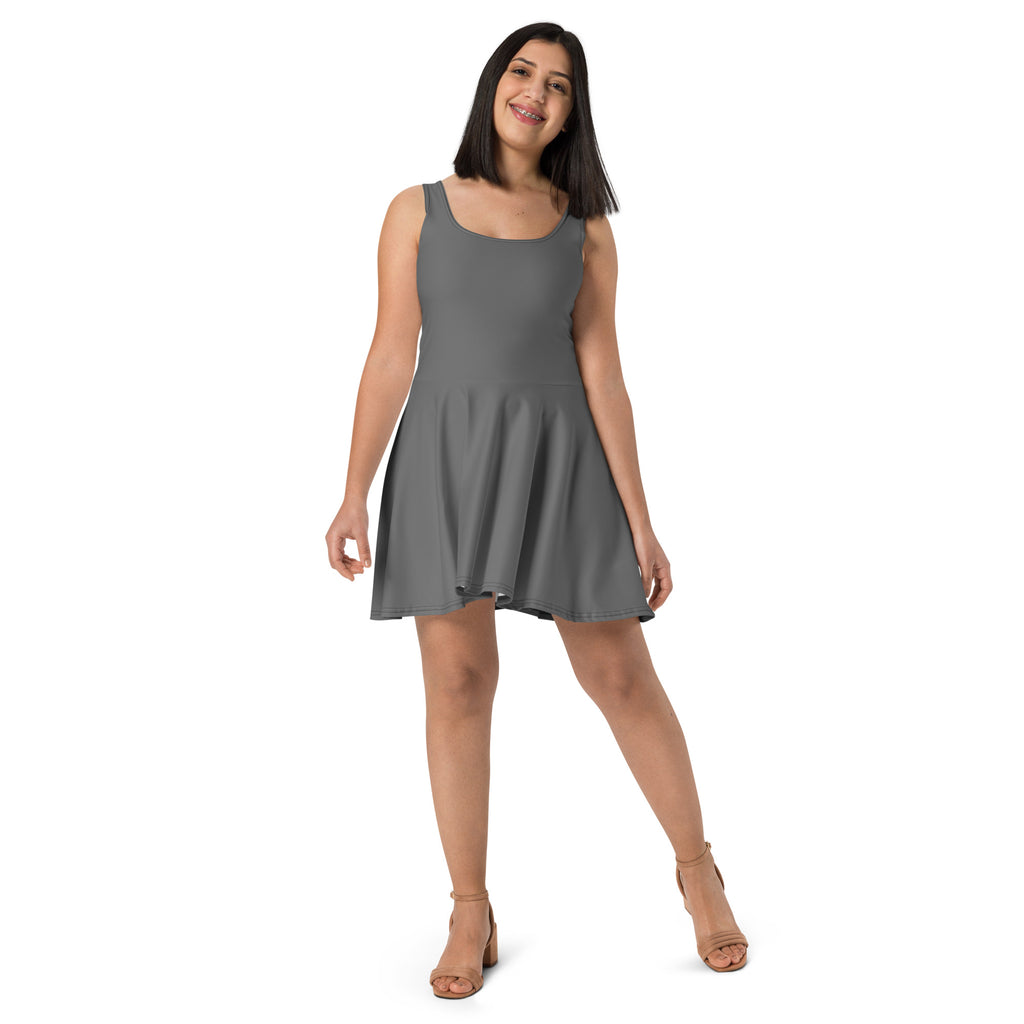 A sleeveless grey buttery soft skater dress with square neckline and flared skirt featuring UPF 50+ protection