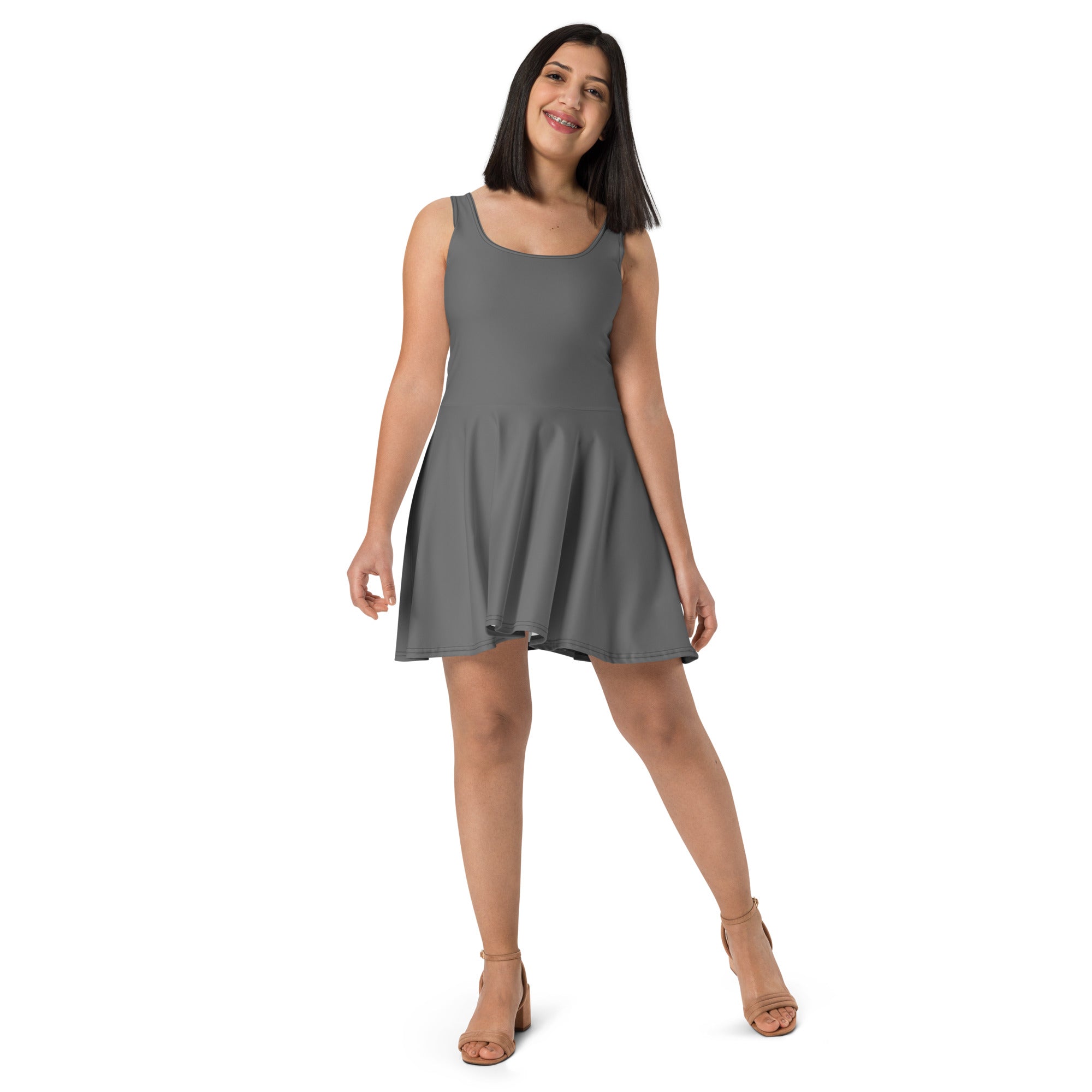A sleeveless grey buttery soft skater dress with square neckline and flared skirt featuring UPF 50+ protection
