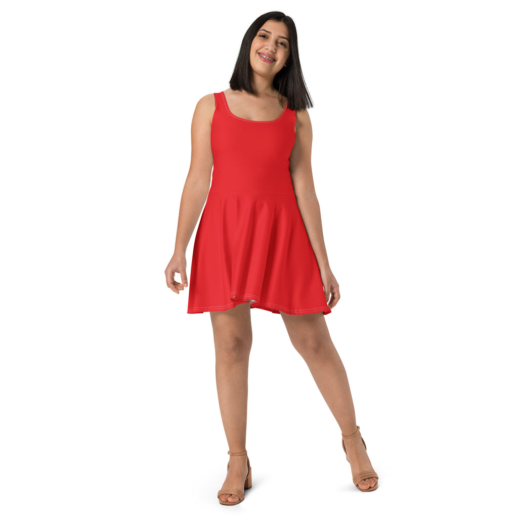 A vibrant red womens sleeveless skater dress with square neckline and buttery soft fabric with UPF 50 plus protection
