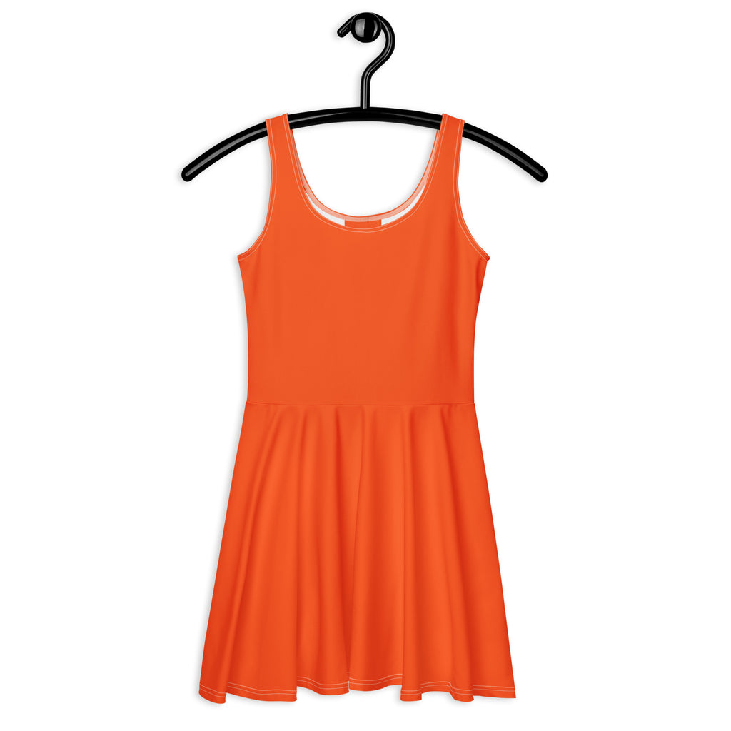 Bright orange sleeveless women’s skater dress with scoop neckline elastic waistband and UPF 50 plus buttery soft fabric