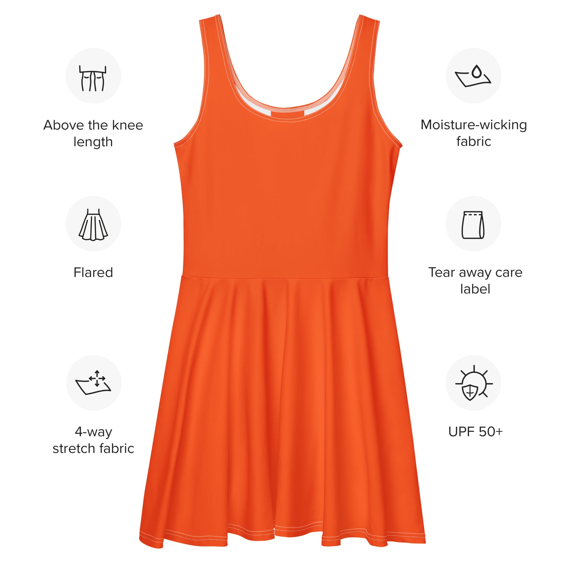 Women’s orange sleeveless skater dress with moisture-wicking 4-way stretch fabric and UPF 50 plus sun protection