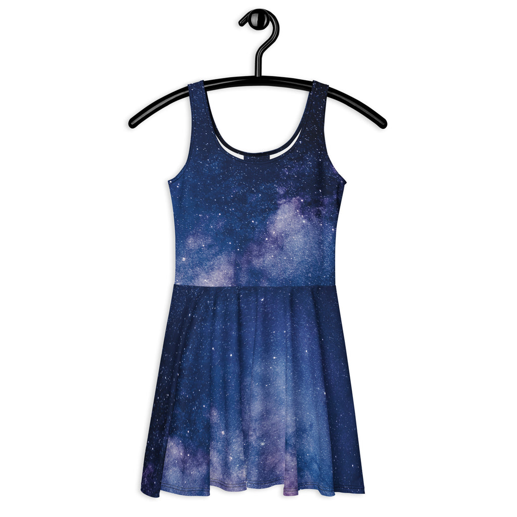 Women’s navy blue and purple galaxy-themed sleeveless skater dress with starry night print and UPF 50+ buttery soft fabric