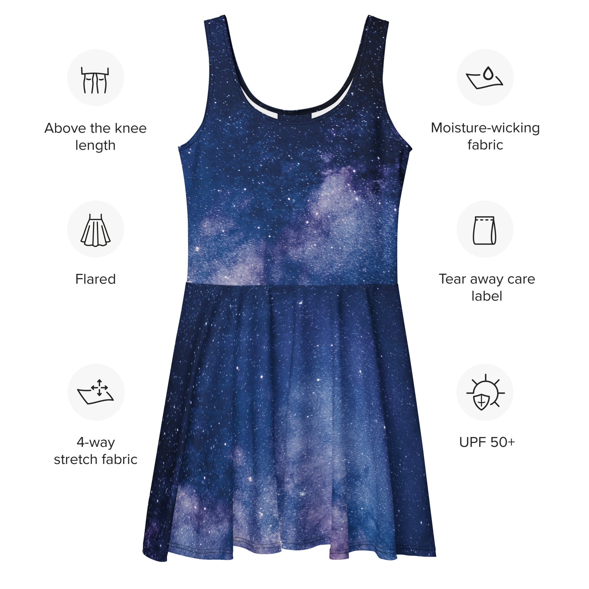 Women’s realistic galaxy buttery soft skater dress in deep blue and purple made from 4-way stretch moisture-wicking fabric