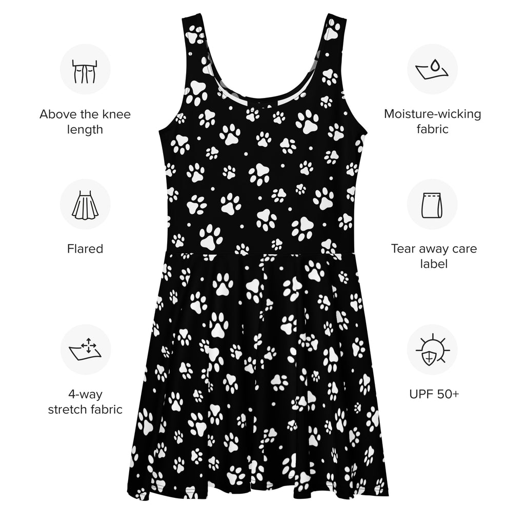 Women’s black and white paw print sleeveless skater dress made from moisture-wicking 4-way stretch fabric with upf 50+