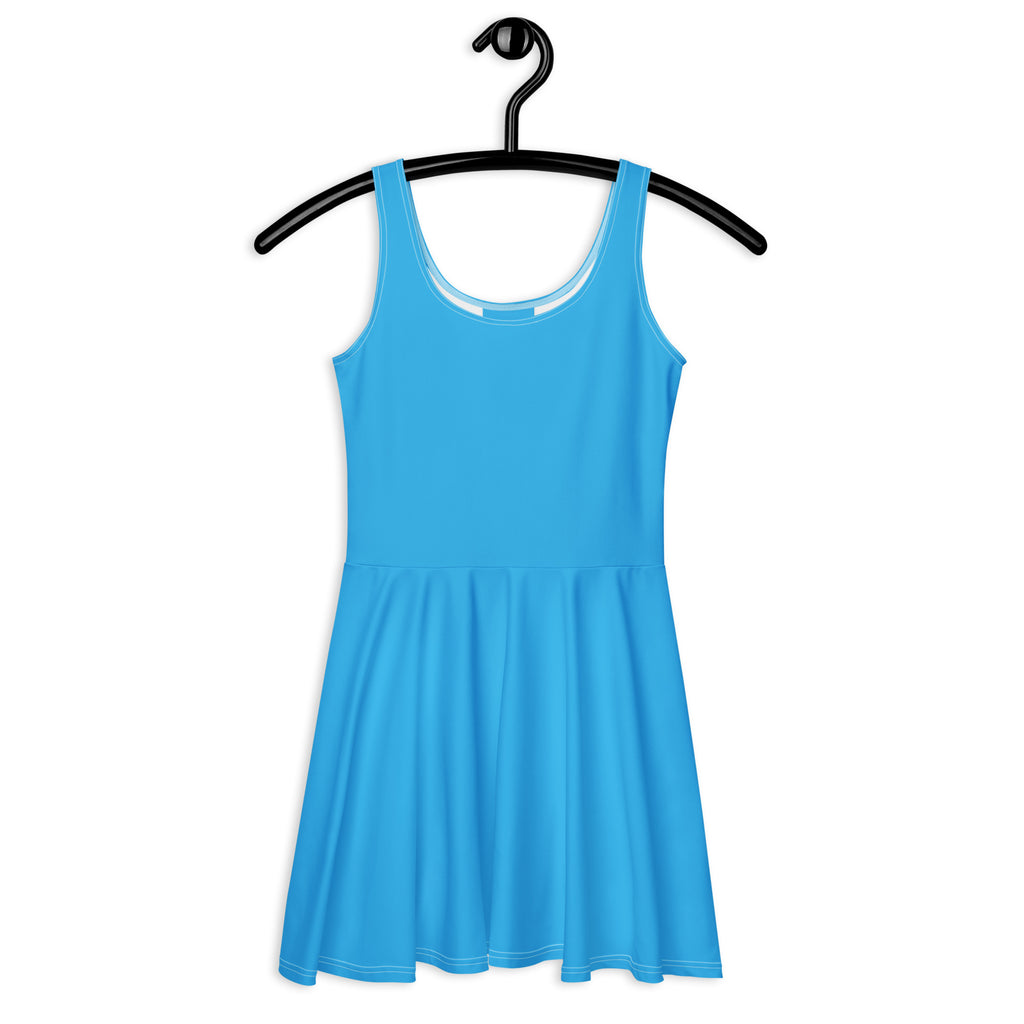 A vibrant sky blue sleeveless buttery soft skater dress with scoop neckline and subtle ruching at the waist with UPF 50+