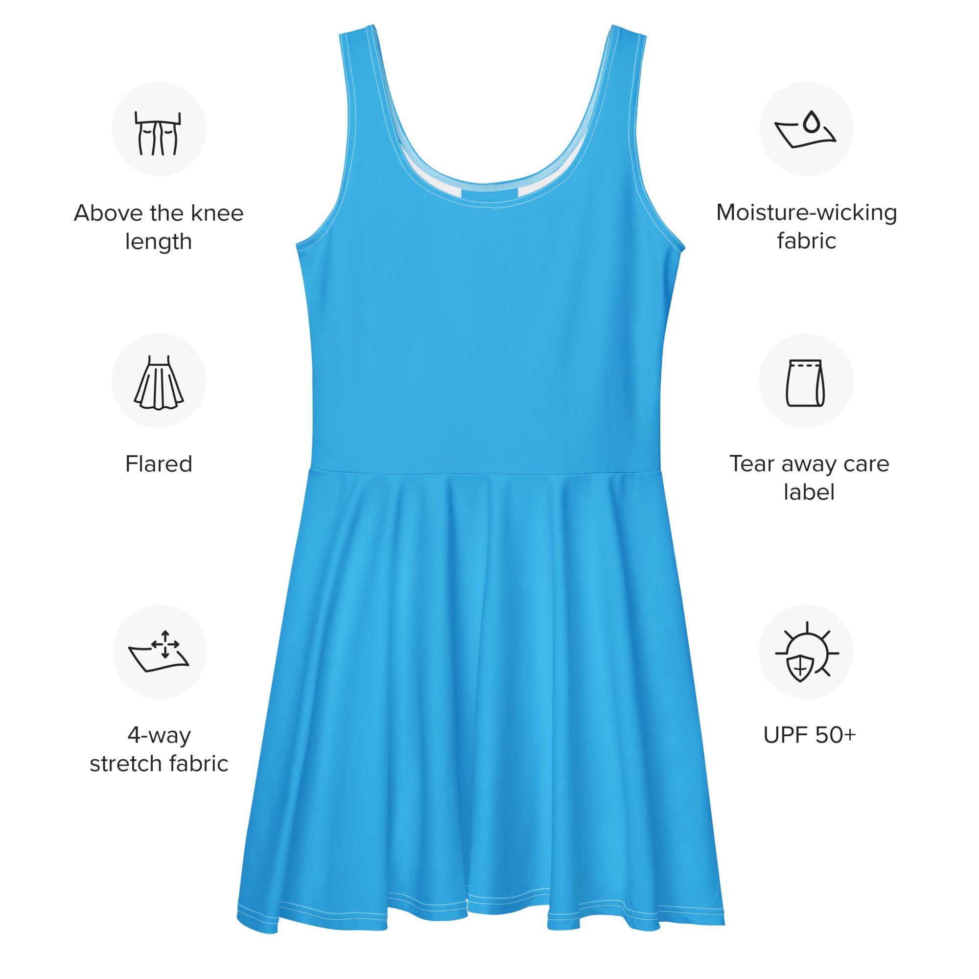A vibrant blue above-the-knee flared skater dress made from buttery soft 4-way stretch moisture-wicking fabric with UPF 50+