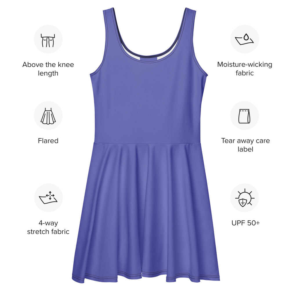 A vibrant purple sleeveless skater dress made from buttery soft moisture-wicking 4-way stretch fabric with UPF 50+