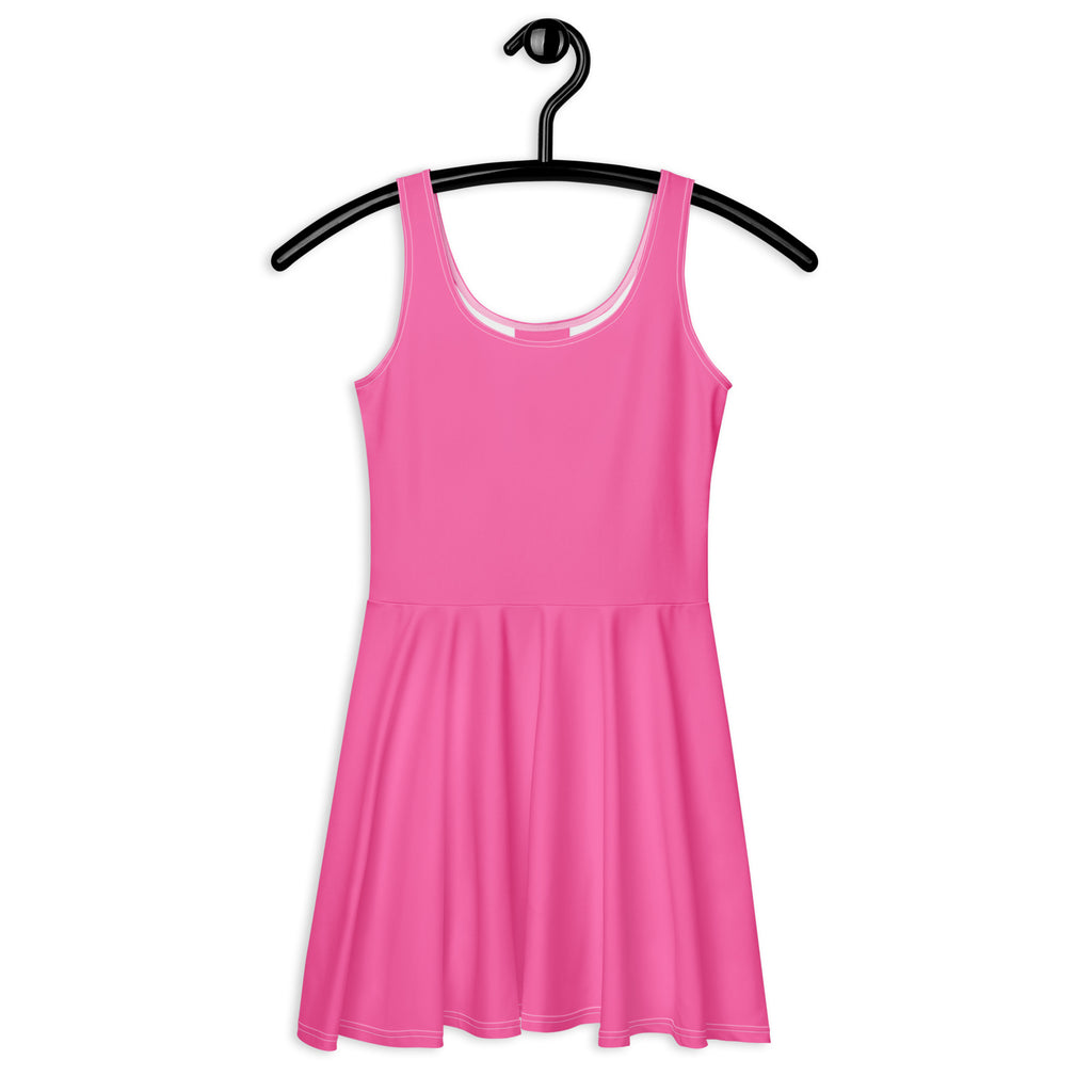 A vibrant pink sleeveless buttery soft skater dress with fitted bodice flared skirt and UPF 50 plus hung on black hanger