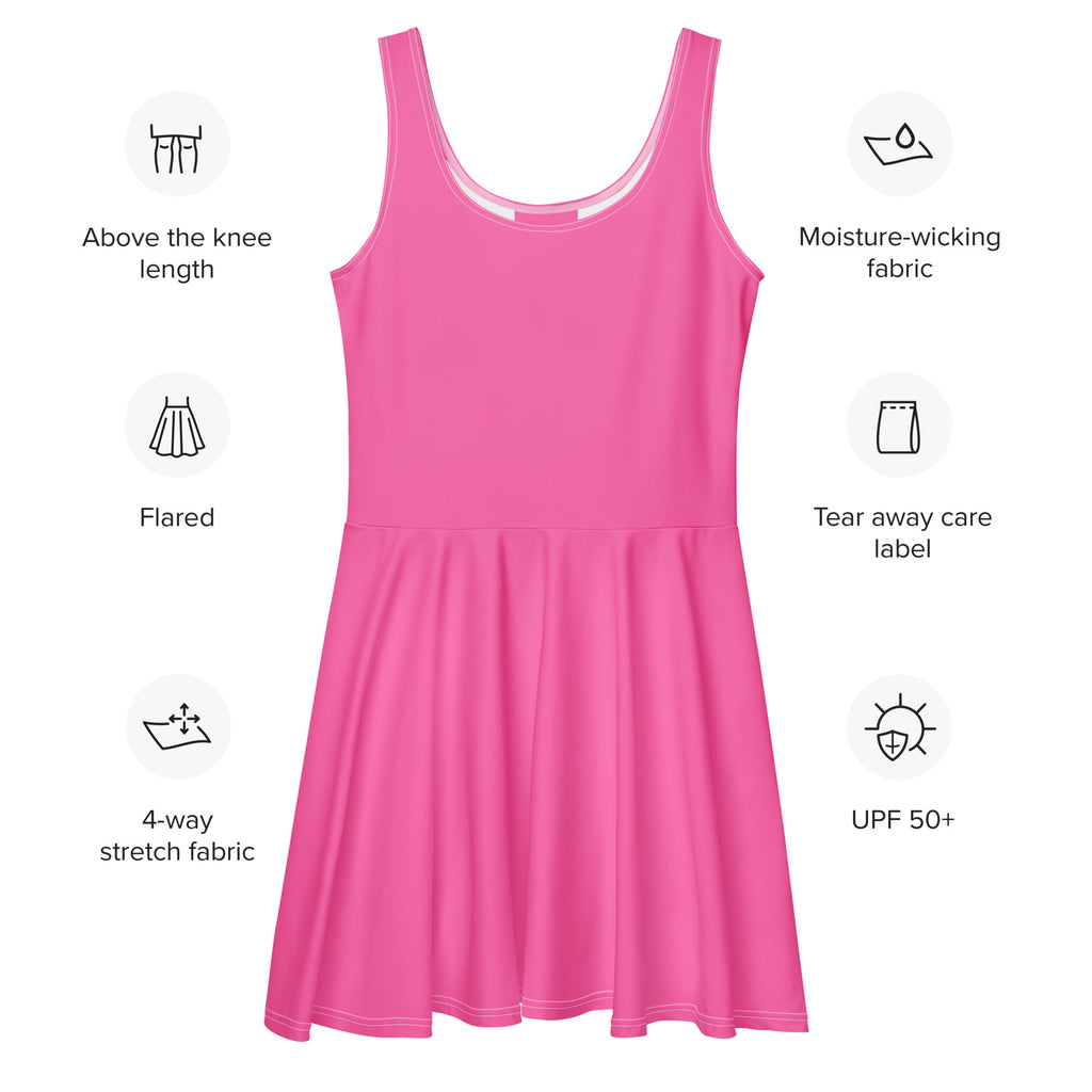 A vibrant pink sleeveless skater dress made from buttery soft moisture-wicking 4-way stretch fabric with UPF 50+