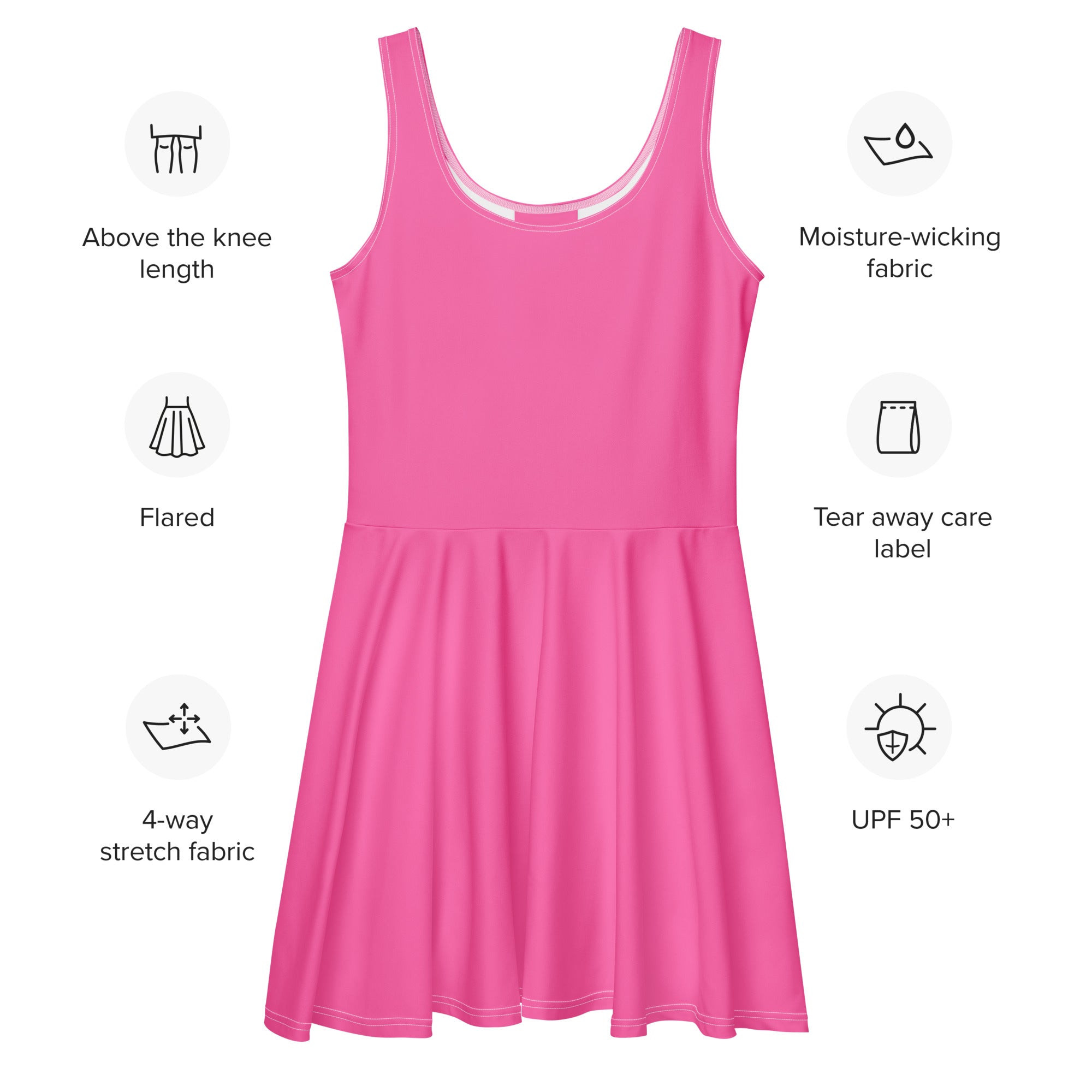 A vibrant pink sleeveless skater dress made from buttery soft moisture-wicking 4-way stretch fabric with UPF 50+
