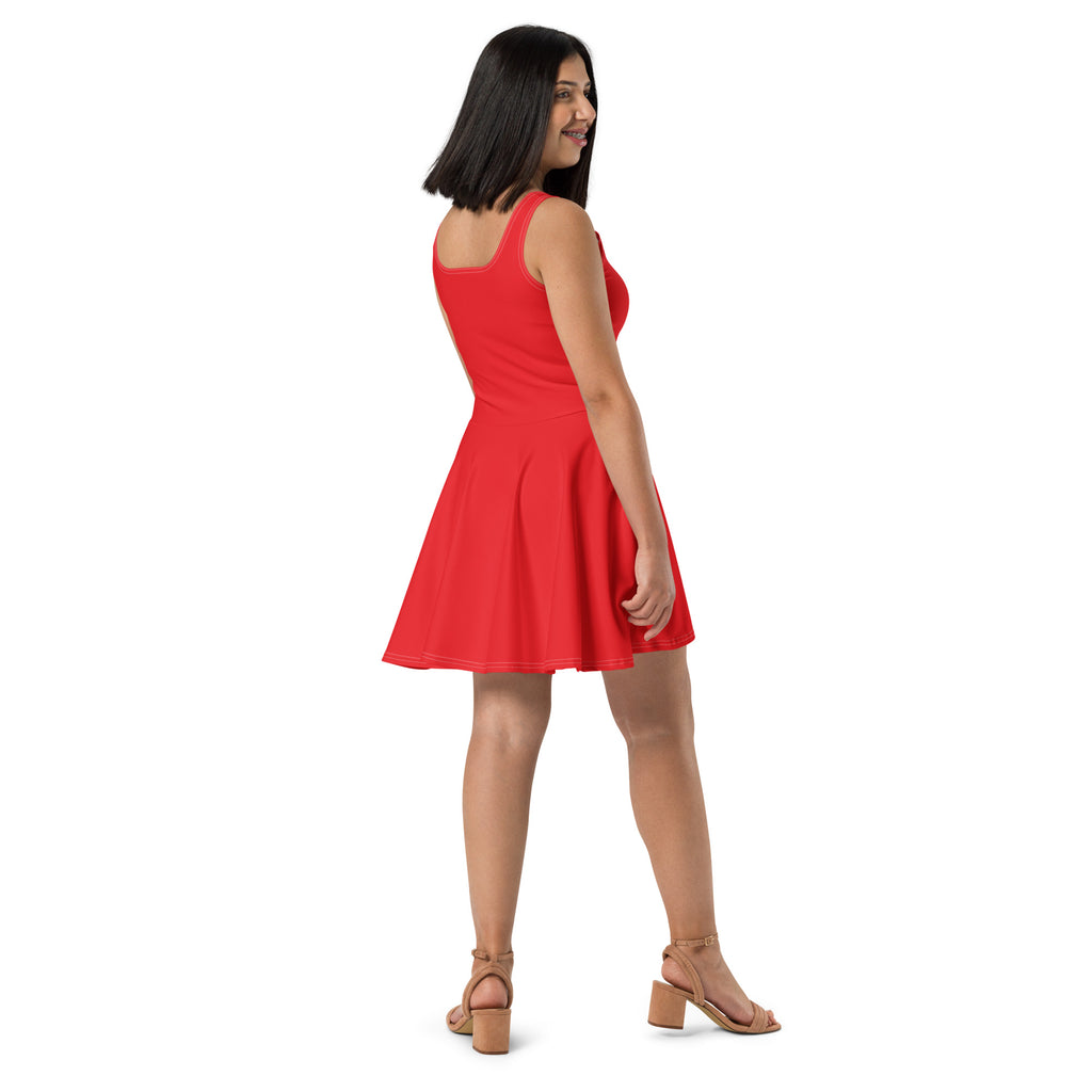 A vibrant red sleeveless buttery soft skater dress with a scoop neckline and back cutout featuring UPF 50 plus