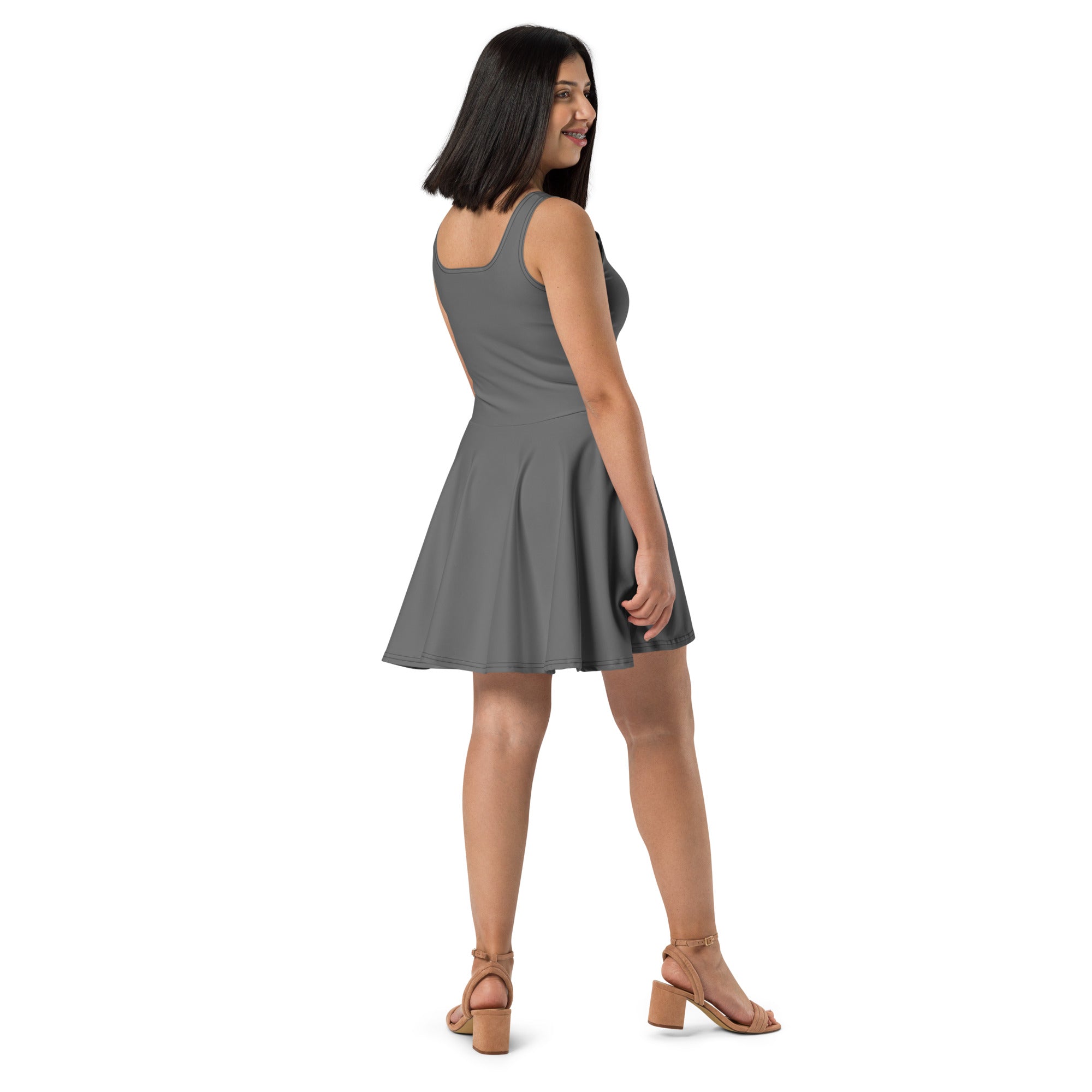 Women’s grey buttery soft skater dress with UPF 50+ featuring a sleeveless fitted bodice and flared a-line skirt