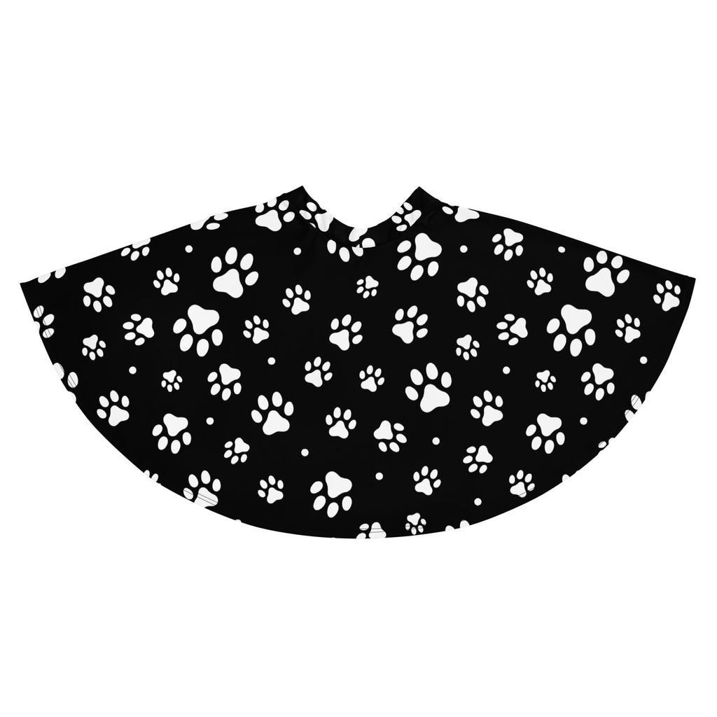 Black women’s paw print skater skirt with white paw pattern flowy high waisted upf 50 plus recycled fabric