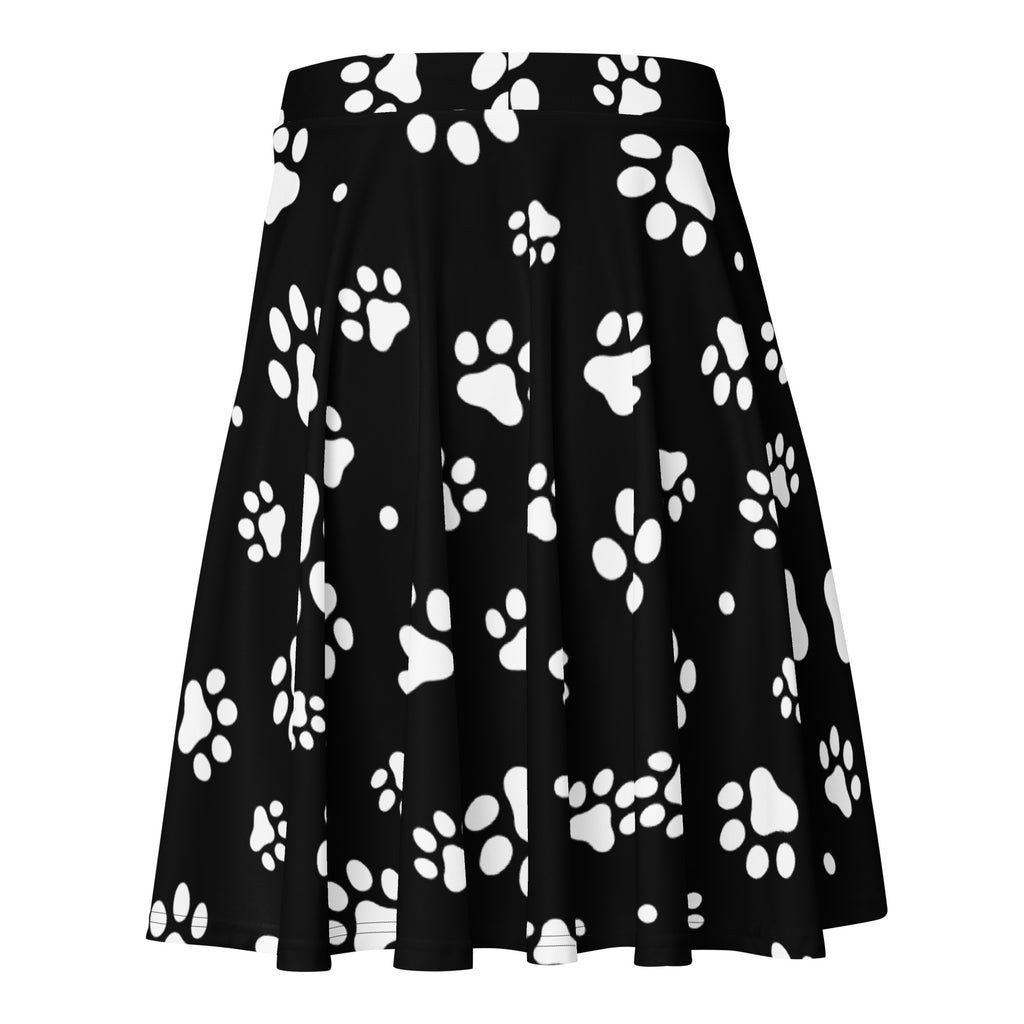 Black pleated women’s paw print skater skirt with white paw pattern high waisted flowy recycled fabric upf 50+
