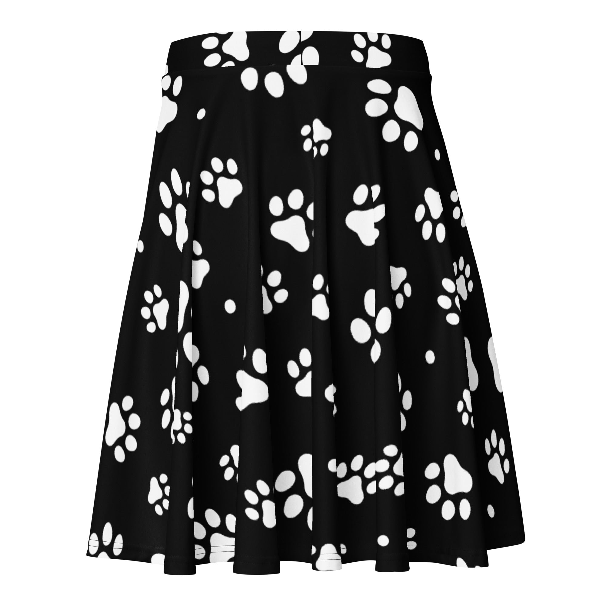 Black pleated women’s paw print skater skirt with white paw pattern high waisted flowy recycled fabric upf 50+