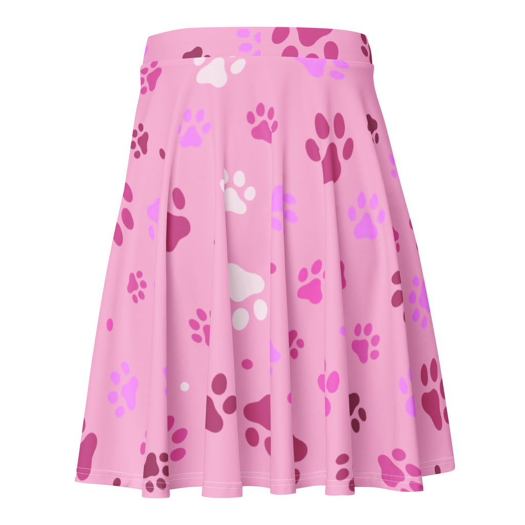 Women’s pink paw print skater skirt with playful paw patterns in pink white and purple flowy high waisted upf 50 plus recycled fabric