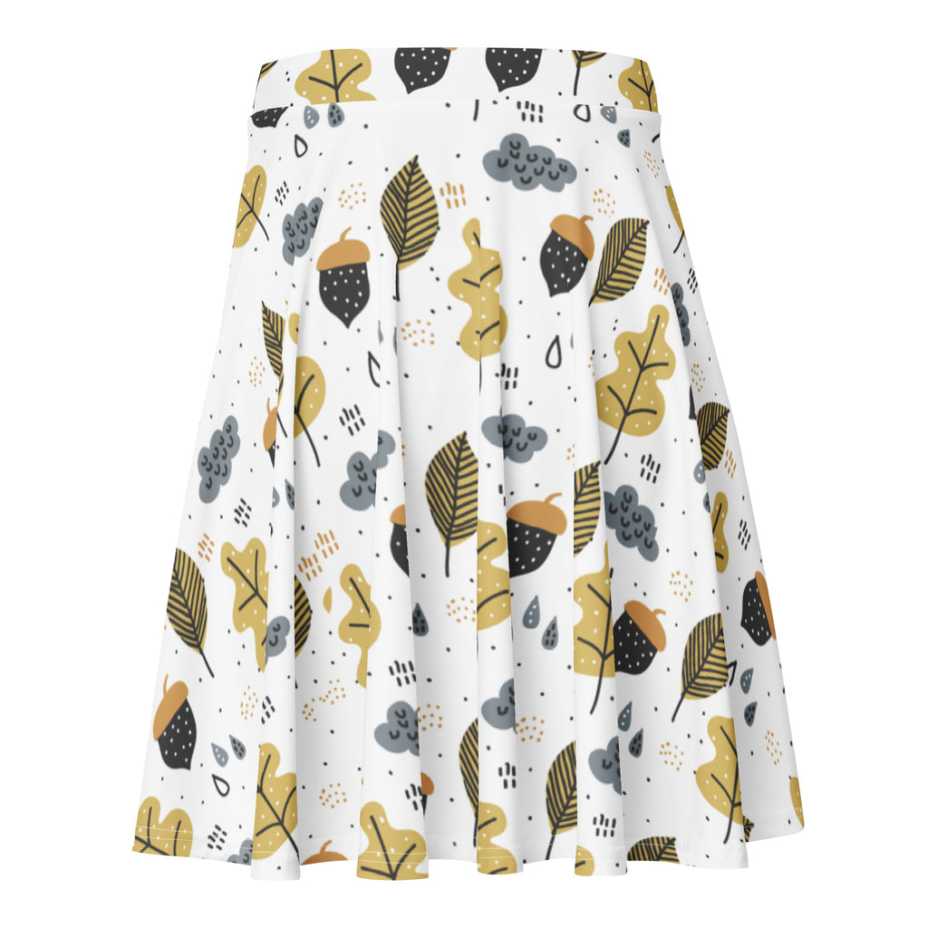 Women’s autumn themed white pleated skater skirt with yellow black gray leaves acorns clouds raindrops flowy high waisted upf 50+