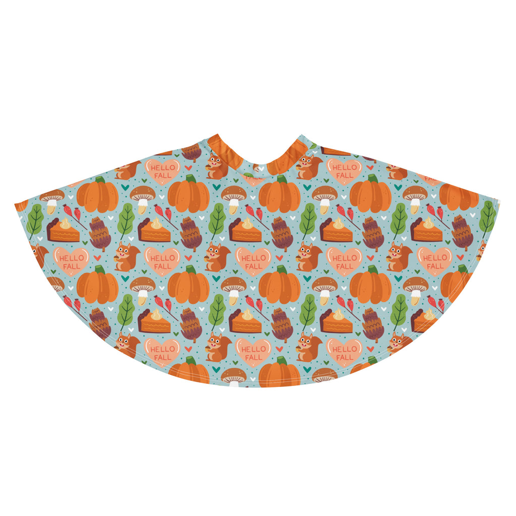 Women’s hello fall flowy high waisted skater skirt in light blue with pumpkin squirrel autumn leaf pie pattern and upf 50 plus