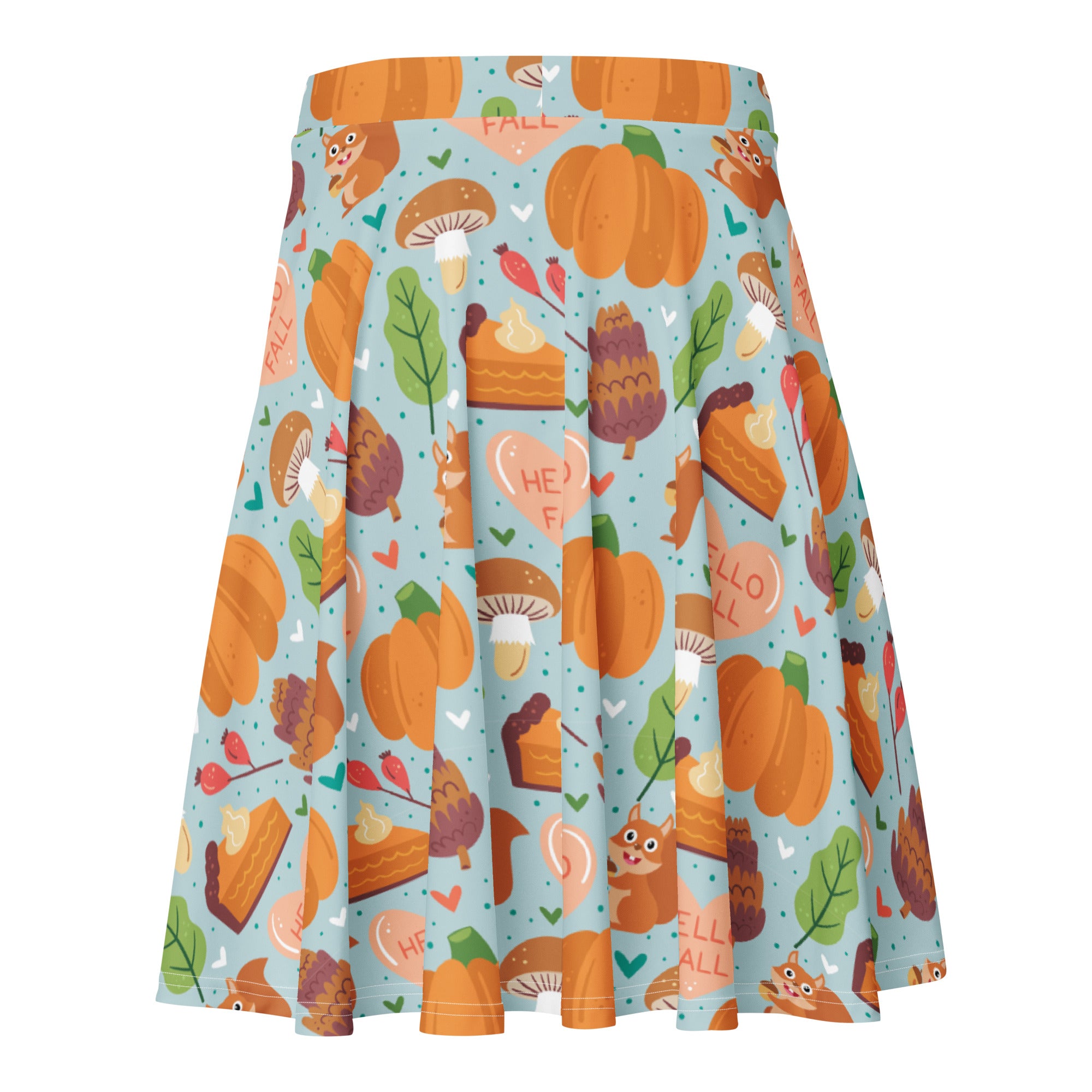 Women’s hello fall skater skirt with a playful autumn print on light blue recycled fabric and UPF 50 plus protection