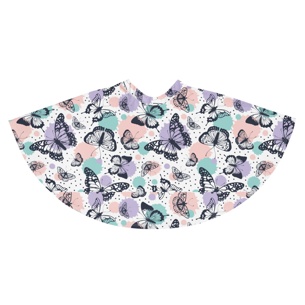 A white cape with black purple and teal butterfly pattern on pastel pink and green splotches for women